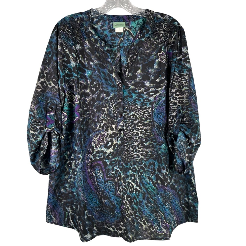Sara Morgan Top Women's XL Blue Animal Mixed Print Popover Blouse Vintage 90s